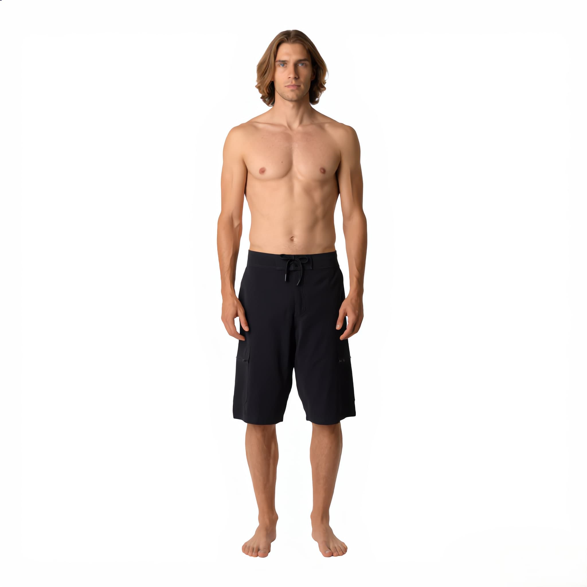 The boardshort worn, front view, falling below the knee.