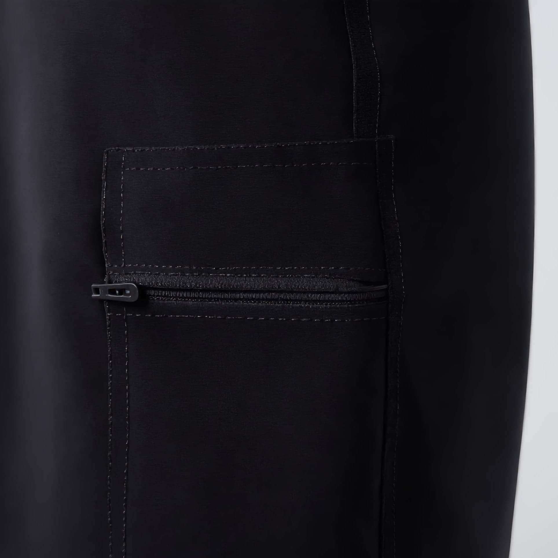 Close view of a thigh pocket: a stitched flap over a zip, with contrast topstitching around the panel.